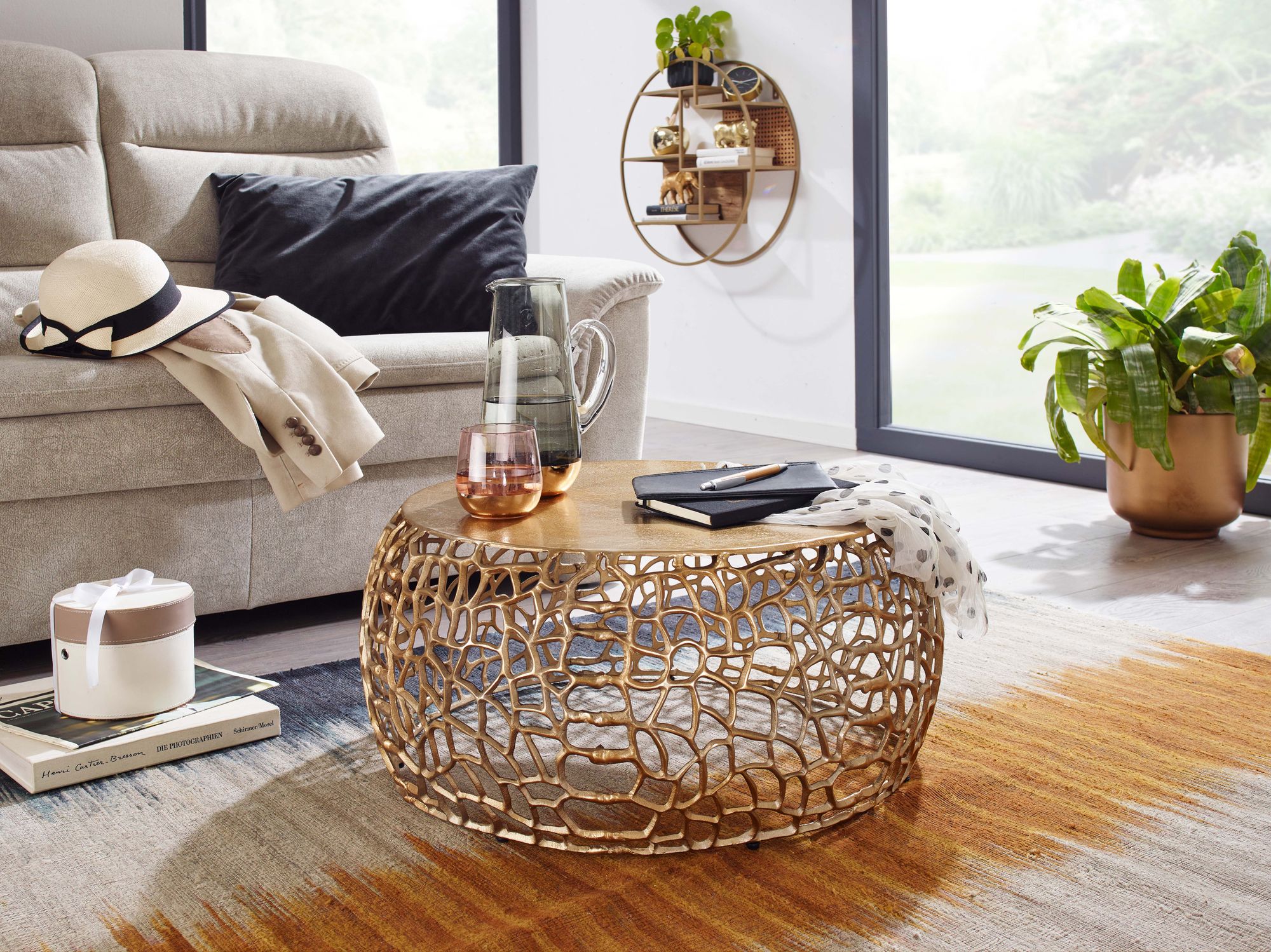 Couchtisch Metall Gold 66x66x30 cm Sofatisch Aluminium Rund, Design Wohnzimmertisch mit Ast-Struktur, Kleiner Kaffeetisch Modern, Beistelltisch Anstelltisch Wohnzimmer