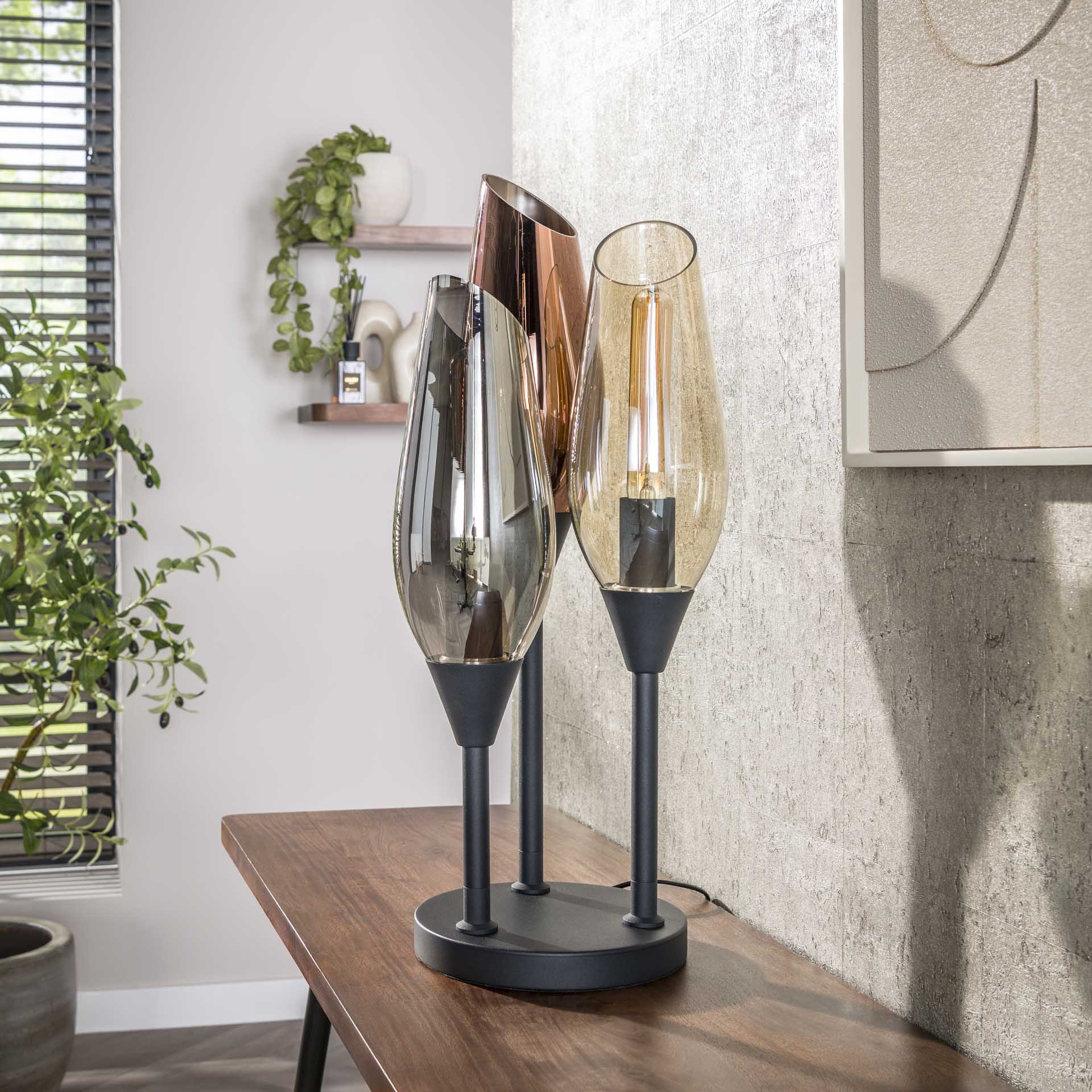 Tischleuchte Cocoon 3F – Schwarz mit drei Glasschirmen