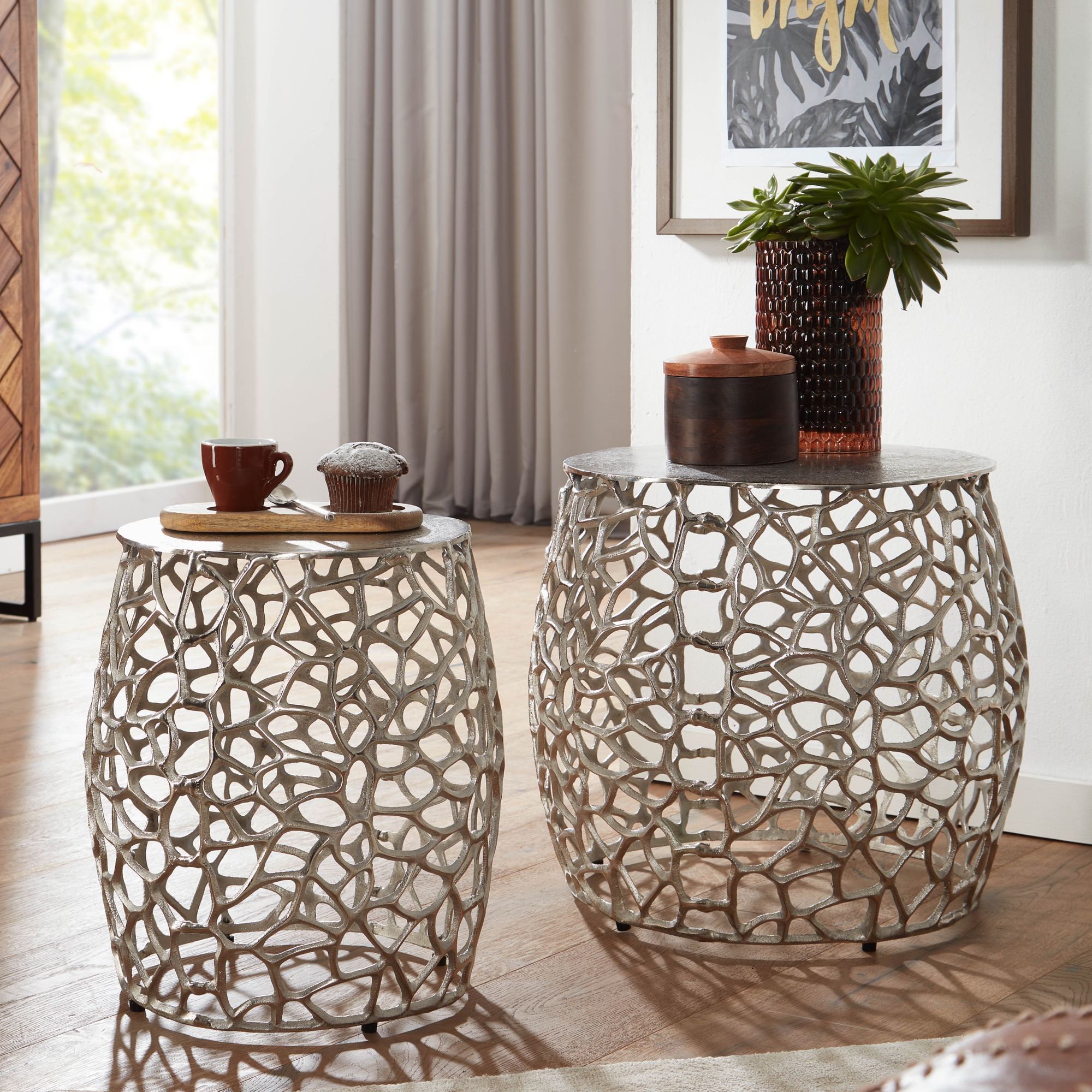 Beistelltisch 2er Set Aluminium Silber Design Satztisch Metall Rund, Wohnzimmertisch Couchtisch Ast-Struktur Modern, Sofatisch 2-teilig Wohnzimmer