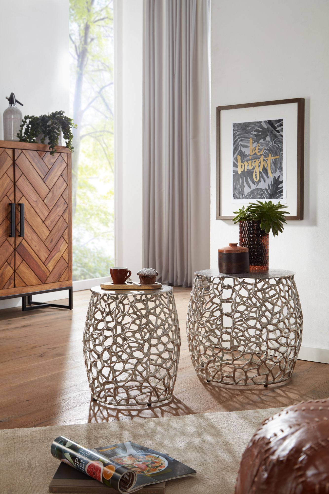 Beistelltisch 2er Set Aluminium Silber Design Satztisch Metall Rund, Wohnzimmertisch Couchtisch Ast-Struktur Modern, Sofatisch 2-teilig Wohnzimmer