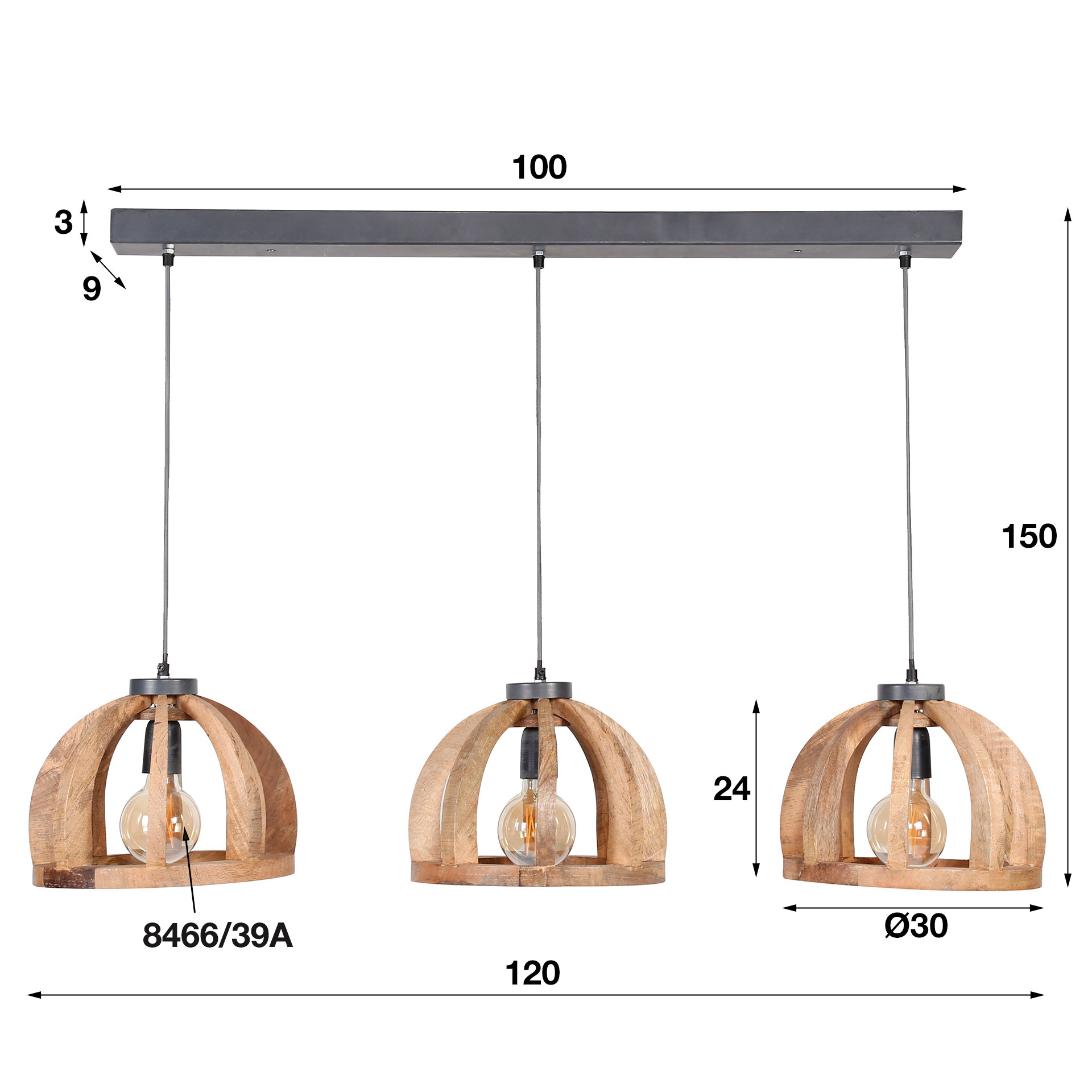 Design Hängelampe 3x Ø30 Tulum gebogene Holzstangen Mango