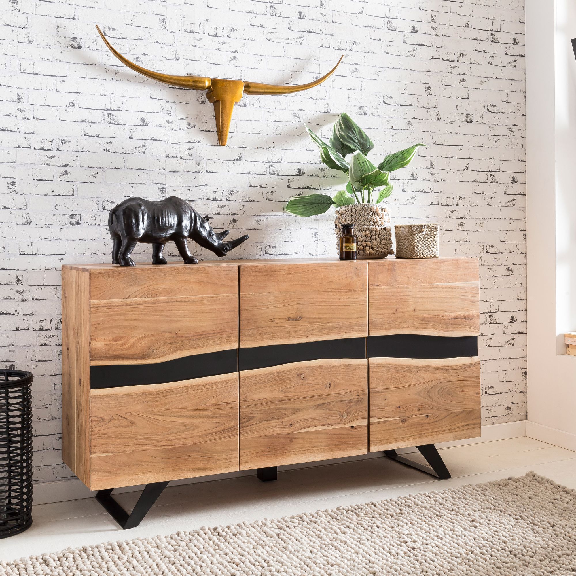 Sideboard 148 x 85 x 43 cm Massiv-Holz Akazie Natur Baumkante Anrichte, Landhaus-Stil Highboard mit 3 Türen, Flur Schrank Kommode