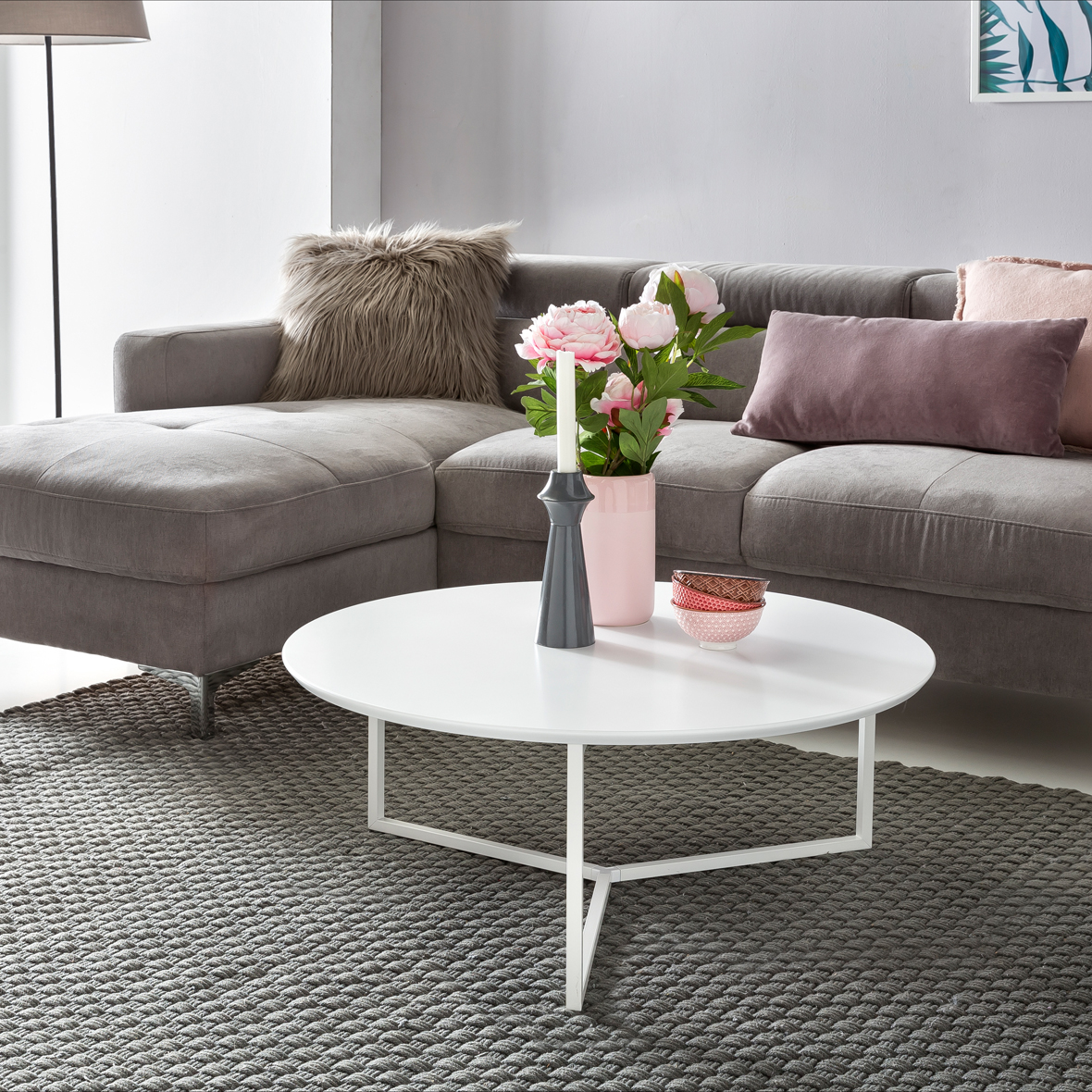 Design Couchtisch MDF Holz weiß matt Gestell Metall ø 80 cm, Wohnzimmertisch lackiert Sofatisch modern, Kaffeetisch rund Loungetisch