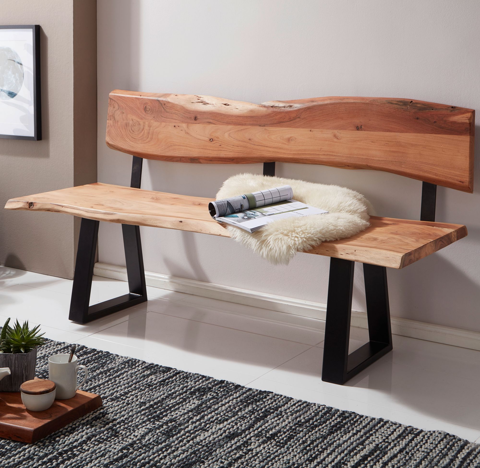 Esszimmerbank GAYA 180x85,5x60 cm Akazie Massivholz Bank mit Baumkante, Sitzbank Holzbank mit Lehne, Küchenbank Essbank Holz Landhausstil, Baumstamm Küchensitzbank 4 Sitzer Massiv