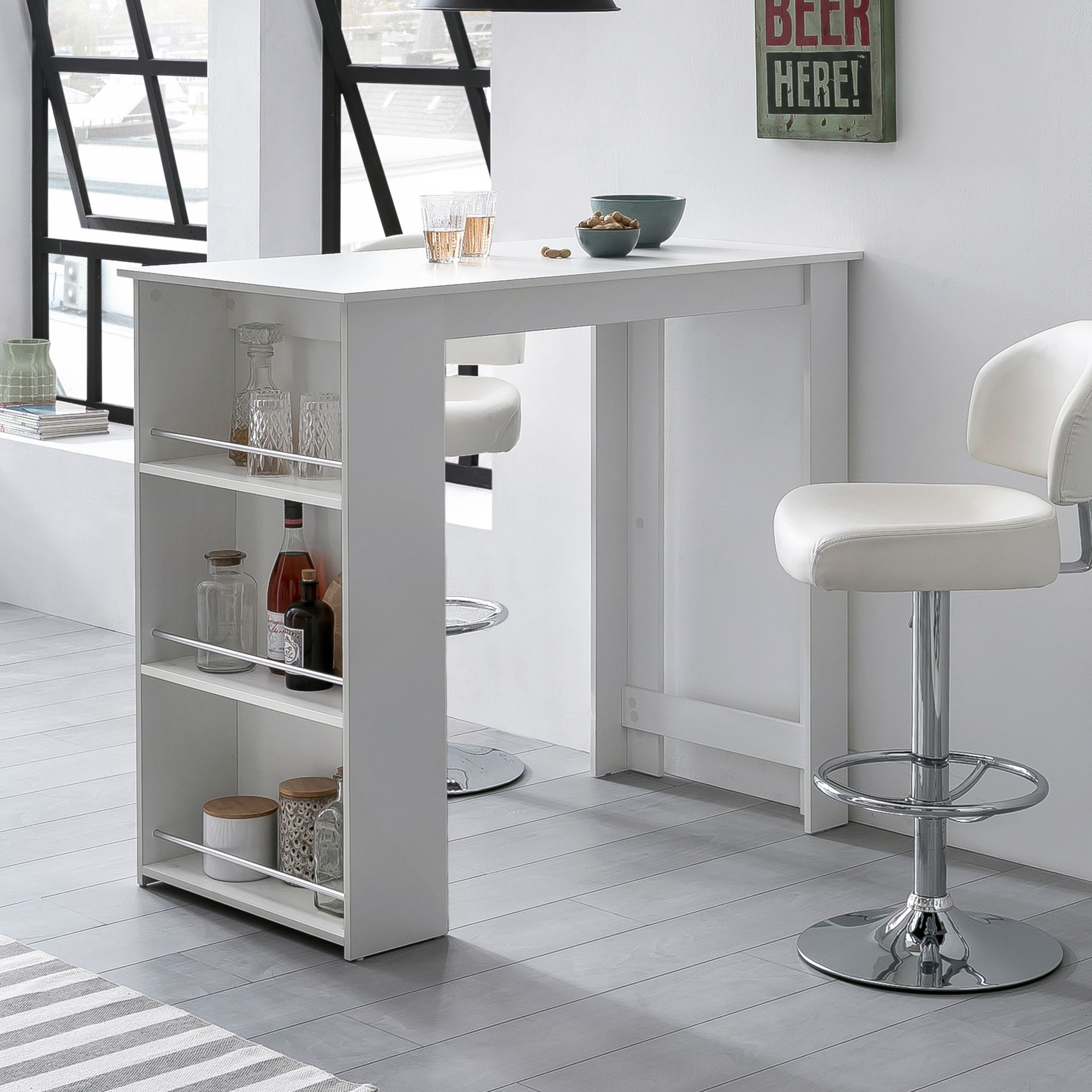 Bartisch WL5.732 Weiß 120 x 107,5 x 60 cm Stehtisch Holz Küchenbartisch, Bartresen mit integriertem Regal, Bar-Bistrotisch Küche Rechteckig, Party-Theke Holztisch, Wand-Tisch Minibar