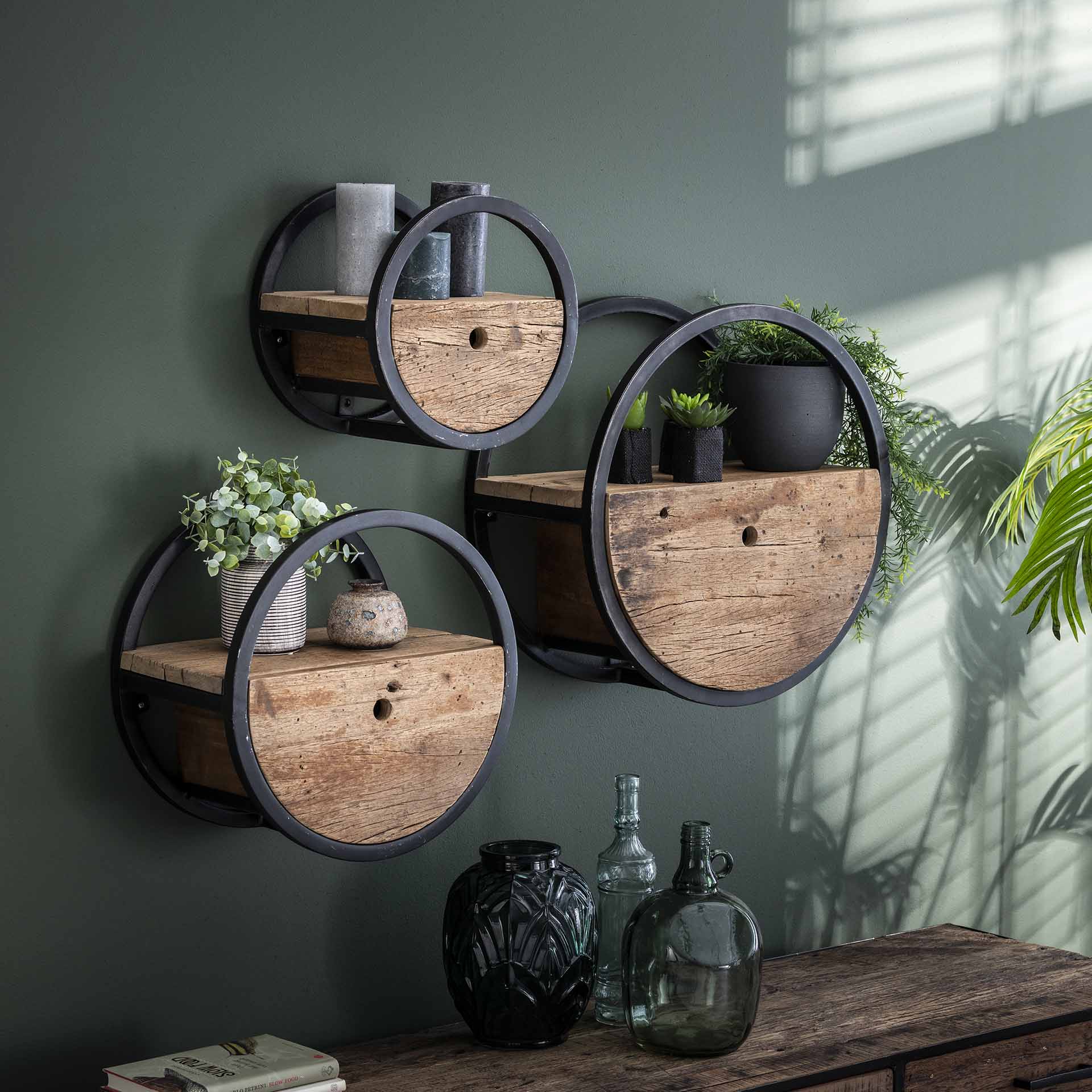 Home-Designs Wandregal rund 50 cm BAHIA Holz Mix mit Schublade