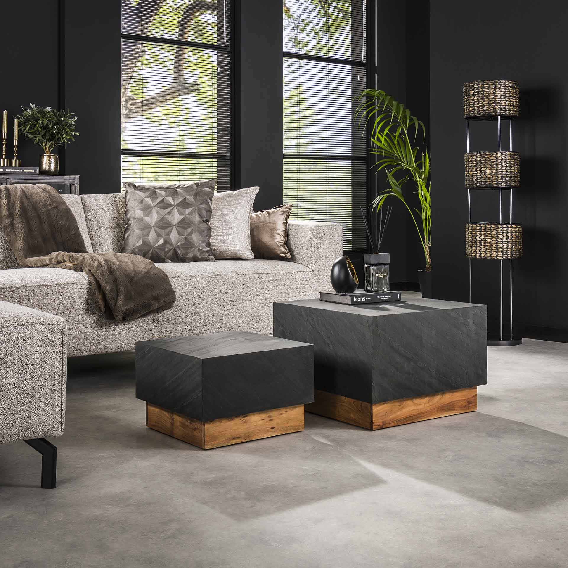 Design Couchtisch 2 Set BEGO Schiefer Schwarz Akazienholz