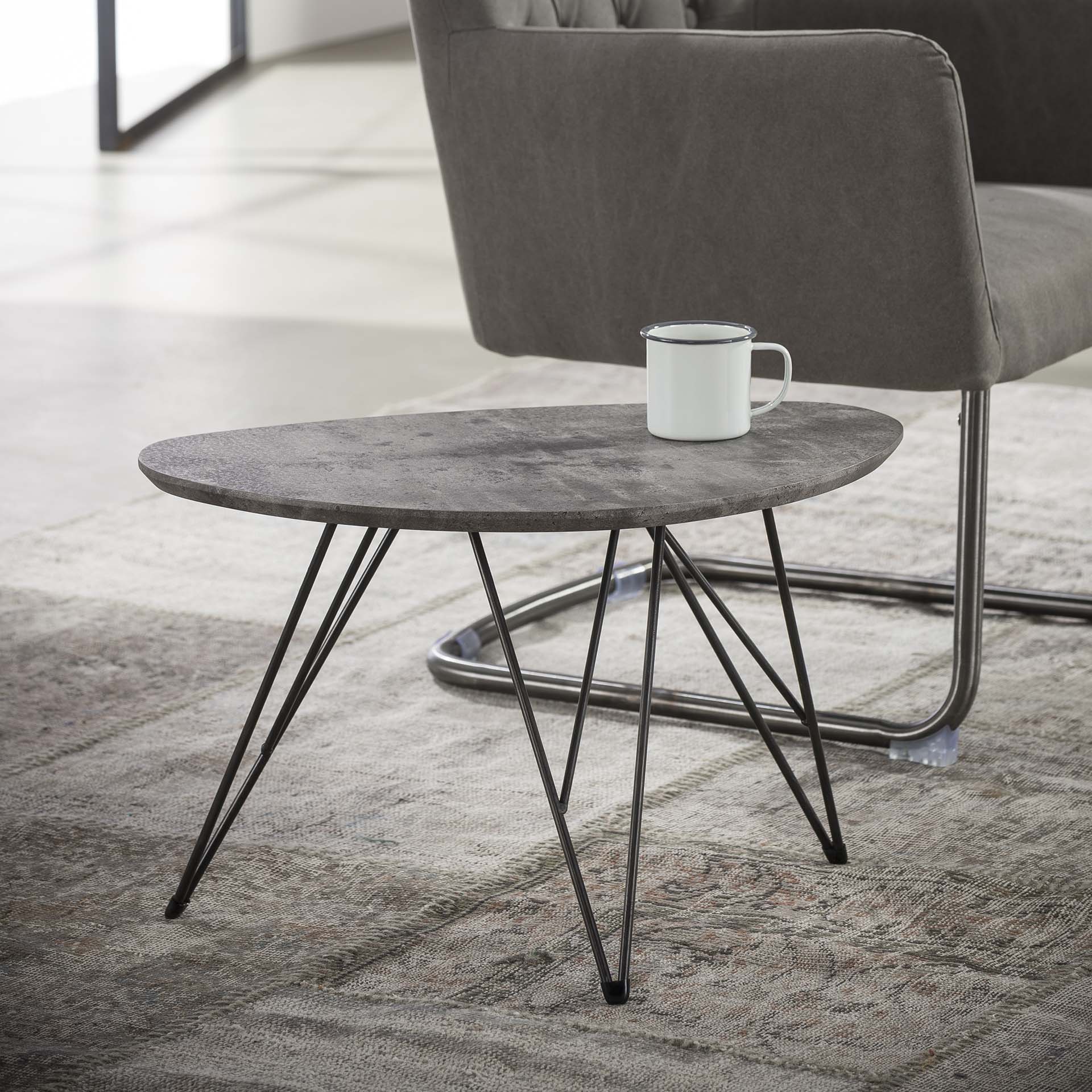 HOME-DESIGNS Couchtisch Betonoptik Nierenform Metallgestell 60 x 40 cm