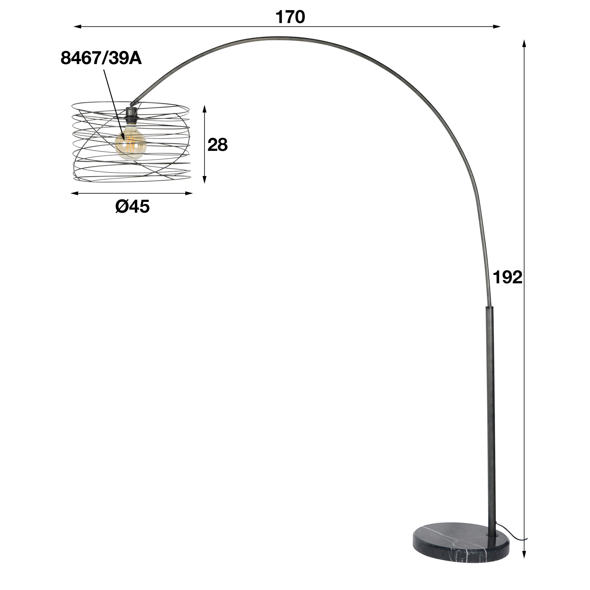Design Bogenlampe BLAKO 1-flammig Metall Industrial Design