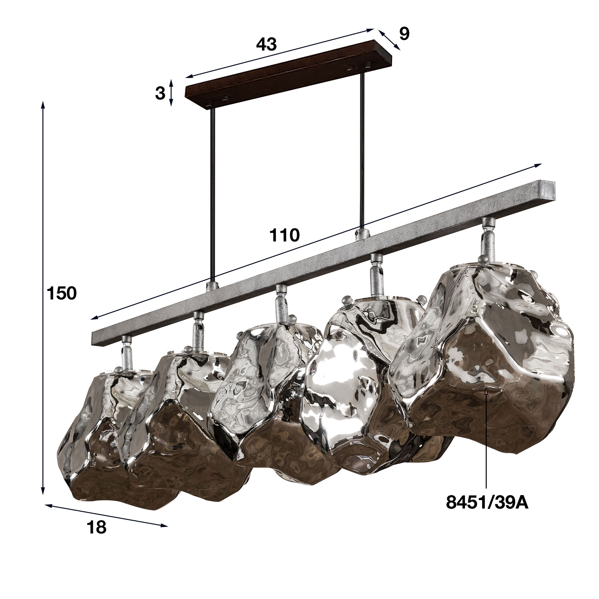 Home-Designs Pendelleuchte ROCK Altsilber Chrom 5-flammig