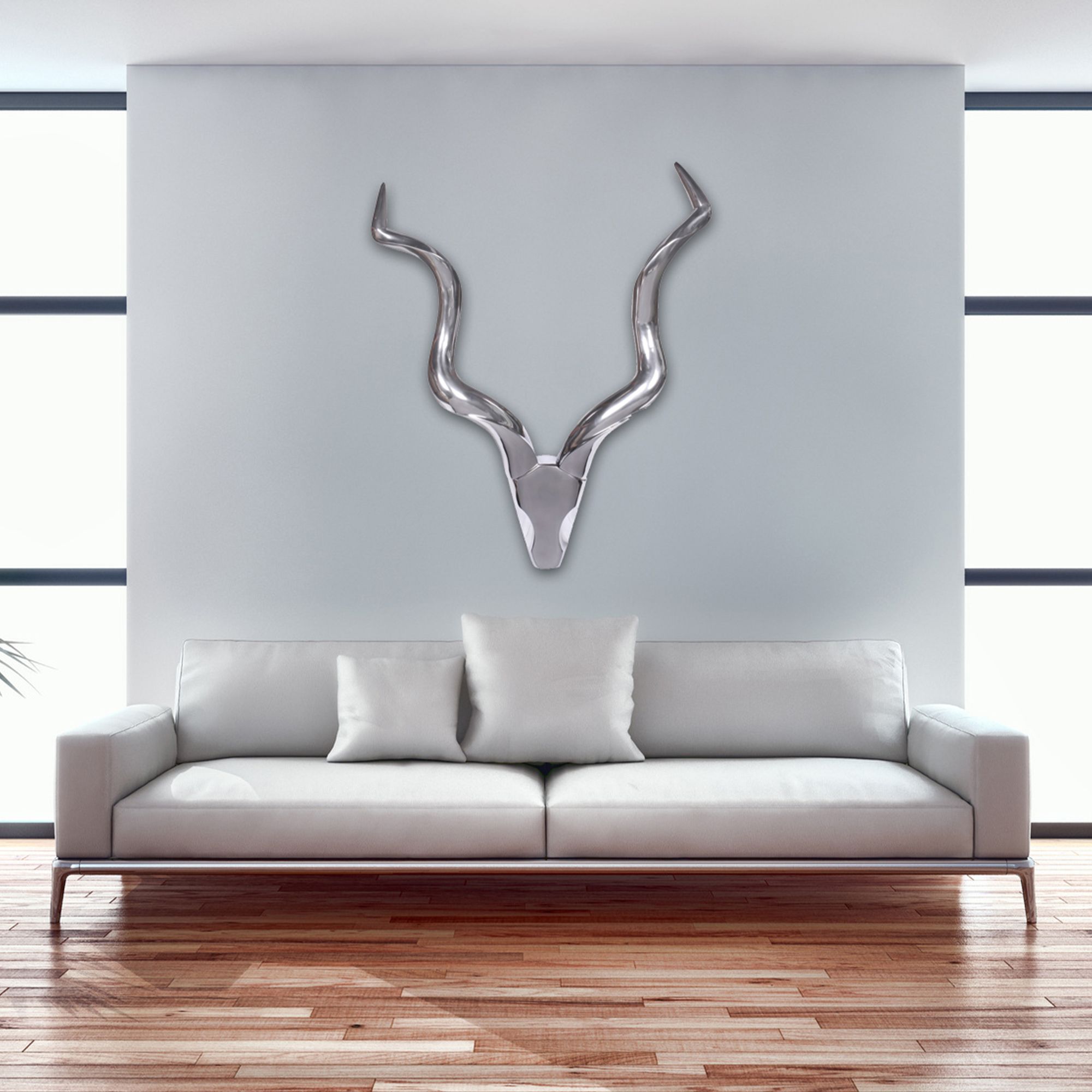 Deko Hirschgeweih L Aluminium Wanddeko 80 cm Landhausstil Silber Metall modern, Design Hirschkopf Landhaus Geweih Wand groß, Wohndeko Hirsch außen, Wandschmuck XL