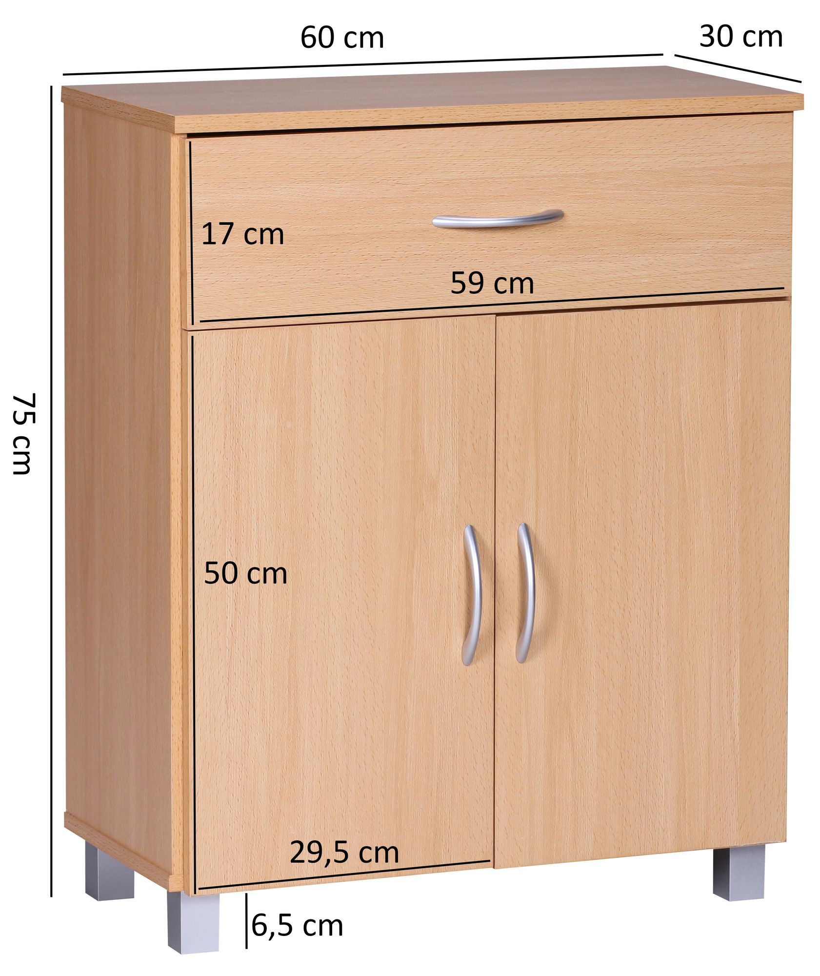 Sideboard Buche WL1.335 60x75x30cm Kommode mit Schublade und Türen, Kleine Moderne Anrichte Braun, Design Holz Schrank, Allzweckschrank mit Griffen, Kleiner Flurschrank Schmal