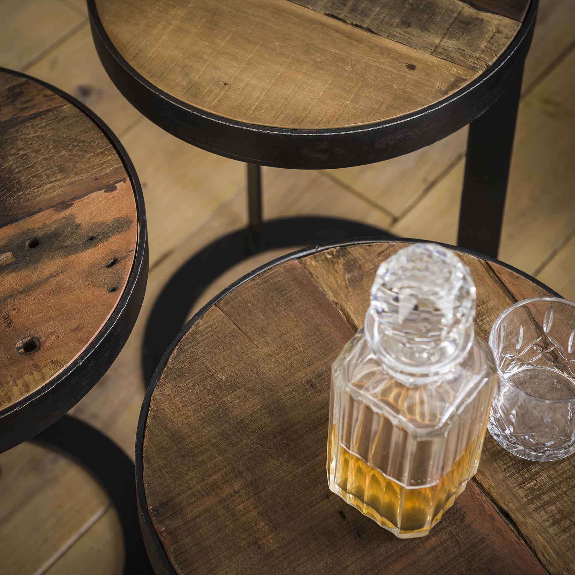 Beistelltisch FIO Industrial 3er-Set Holz Rund Robustes Hartholz