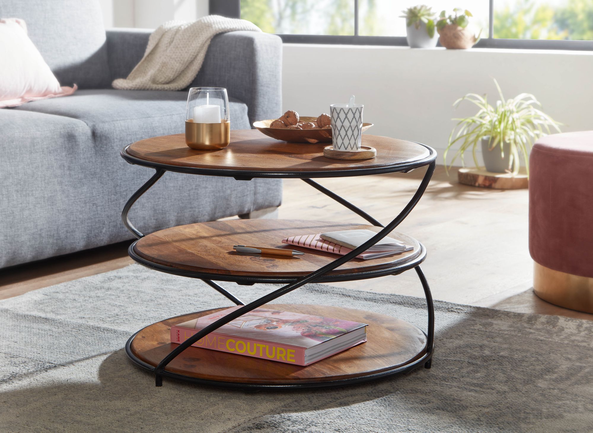 Couchtisch 58x58x40,5 cm Sheesham Massivholz / Metall mit Stauraum, Wohnzimmertisch Kaffeetisch Massiv, Kleiner Tisch Beistelltisch Wohnzimmer Modern, Sofatisch Rund