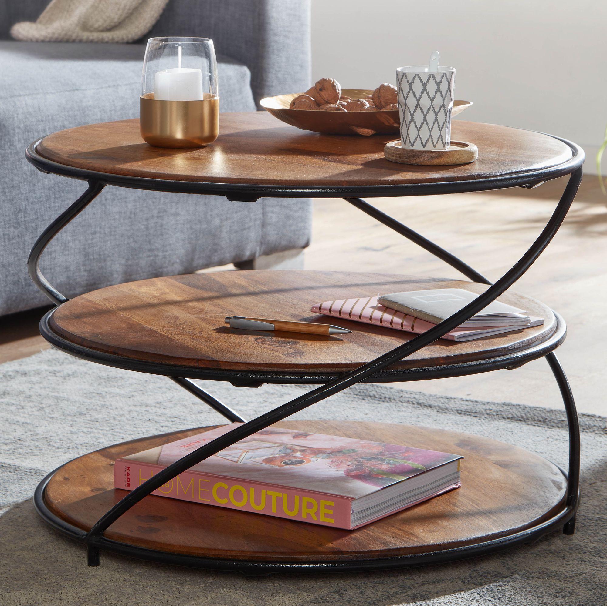Couchtisch 58x58x40,5 cm Sheesham Massivholz / Metall mit Stauraum, Wohnzimmertisch Kaffeetisch Massiv, Kleiner Tisch Beistelltisch Wohnzimmer Modern, Sofatisch Rund