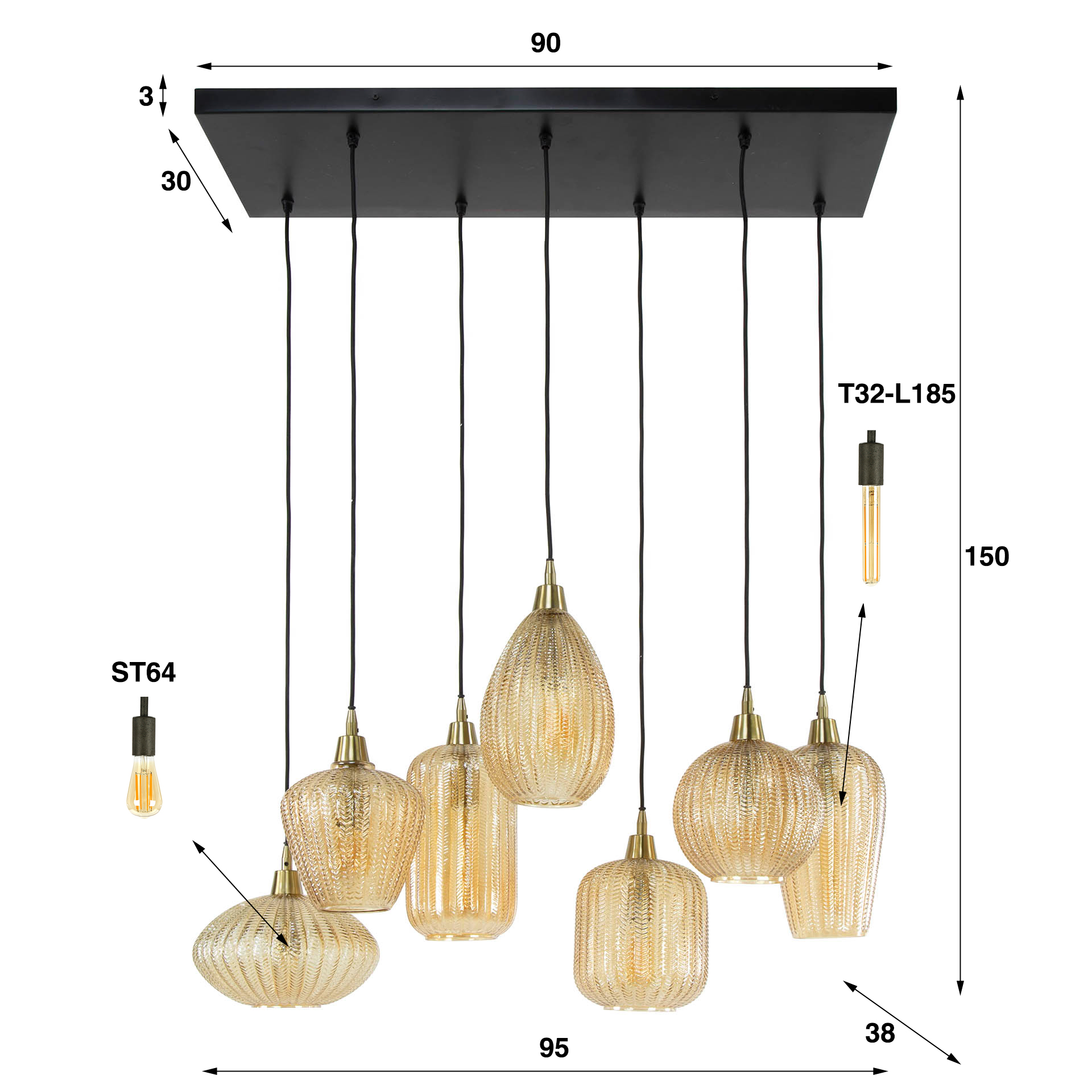 Hängelampe aus Bernsteinglas mit 7 Schirmen im V-Design – Ein stilvoller Blickfang