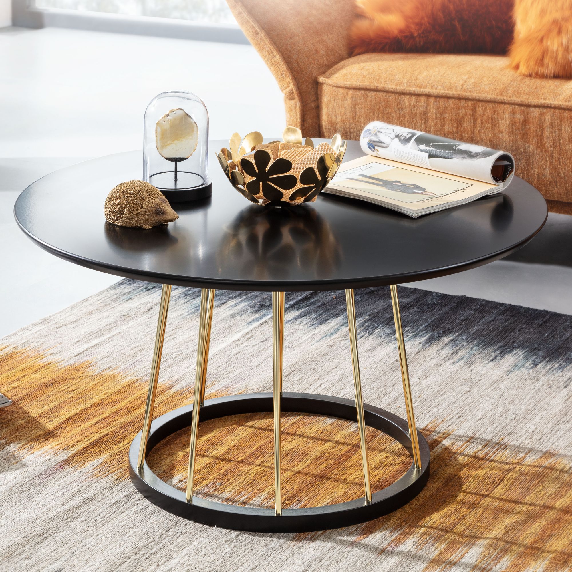 Couchtisch Rund 80x80x42 cm Schwarz Gold Sofatisch Metall Modern, Runder Wohnzimmertisch Salontisch, Tisch Wohnzimmer Groß, Kaffeetisch Loungetisch