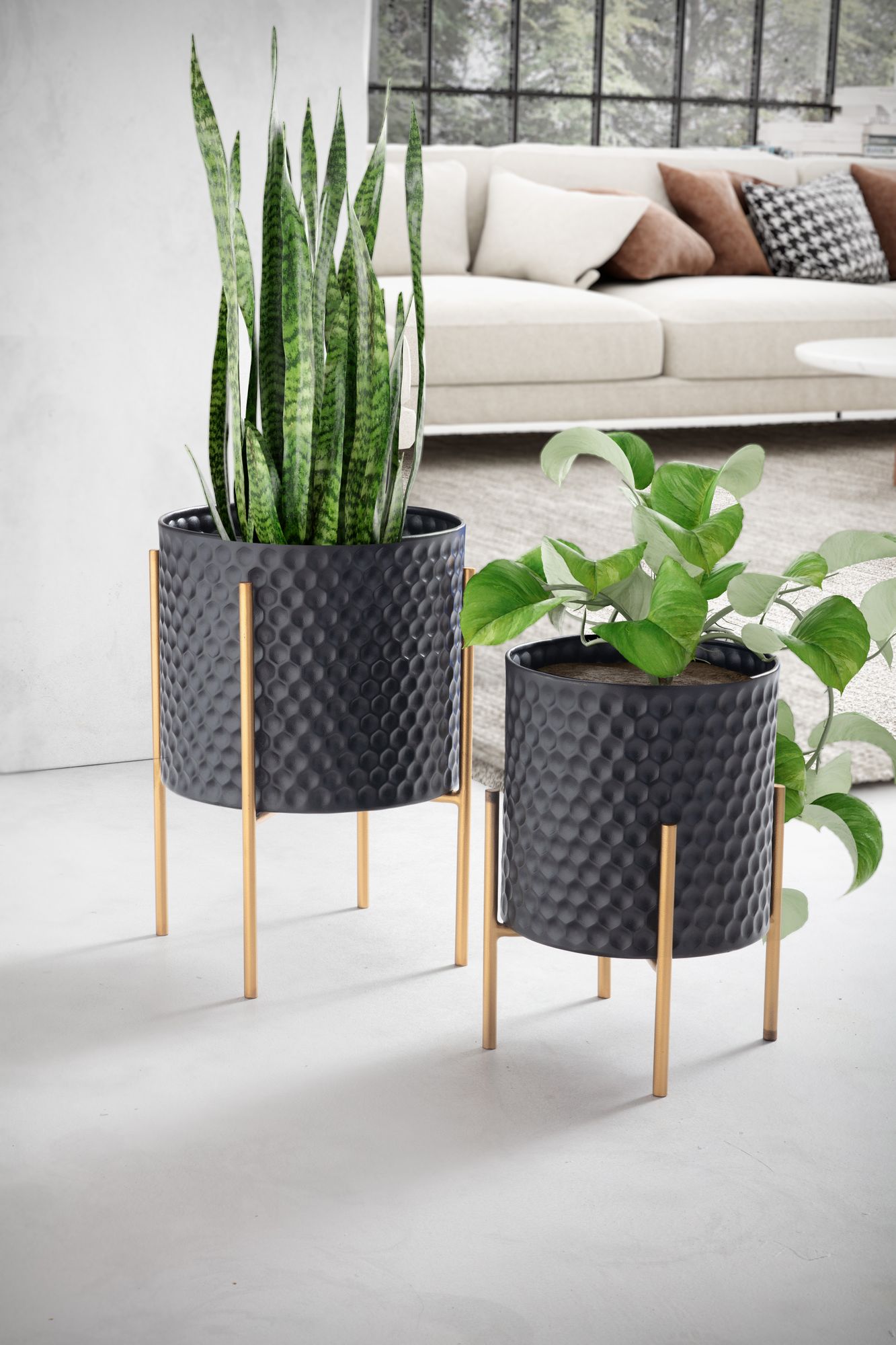 Blumentopf 2er Set Metall Pflanzkbel Schwarz / Gold mit Fen, Design  Pflanzenkbel Rund Indoor, Blumenkbel Pflanzgef mit Waben-Muster in 3D
