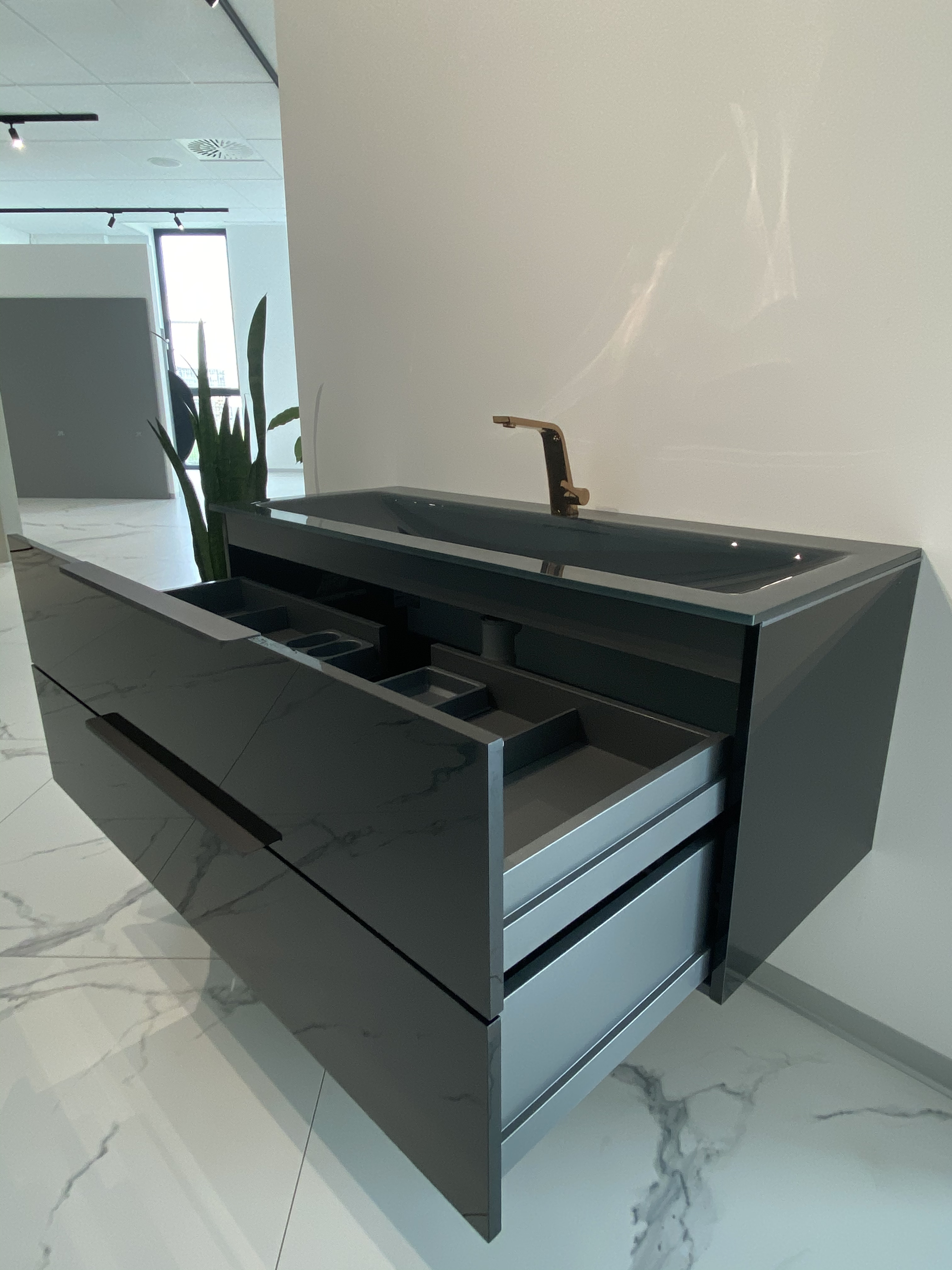 Badmöbel Set 120 cm Kristal mit Glaswaschtisch - 2 Auzüge mit Soft - Close funktion