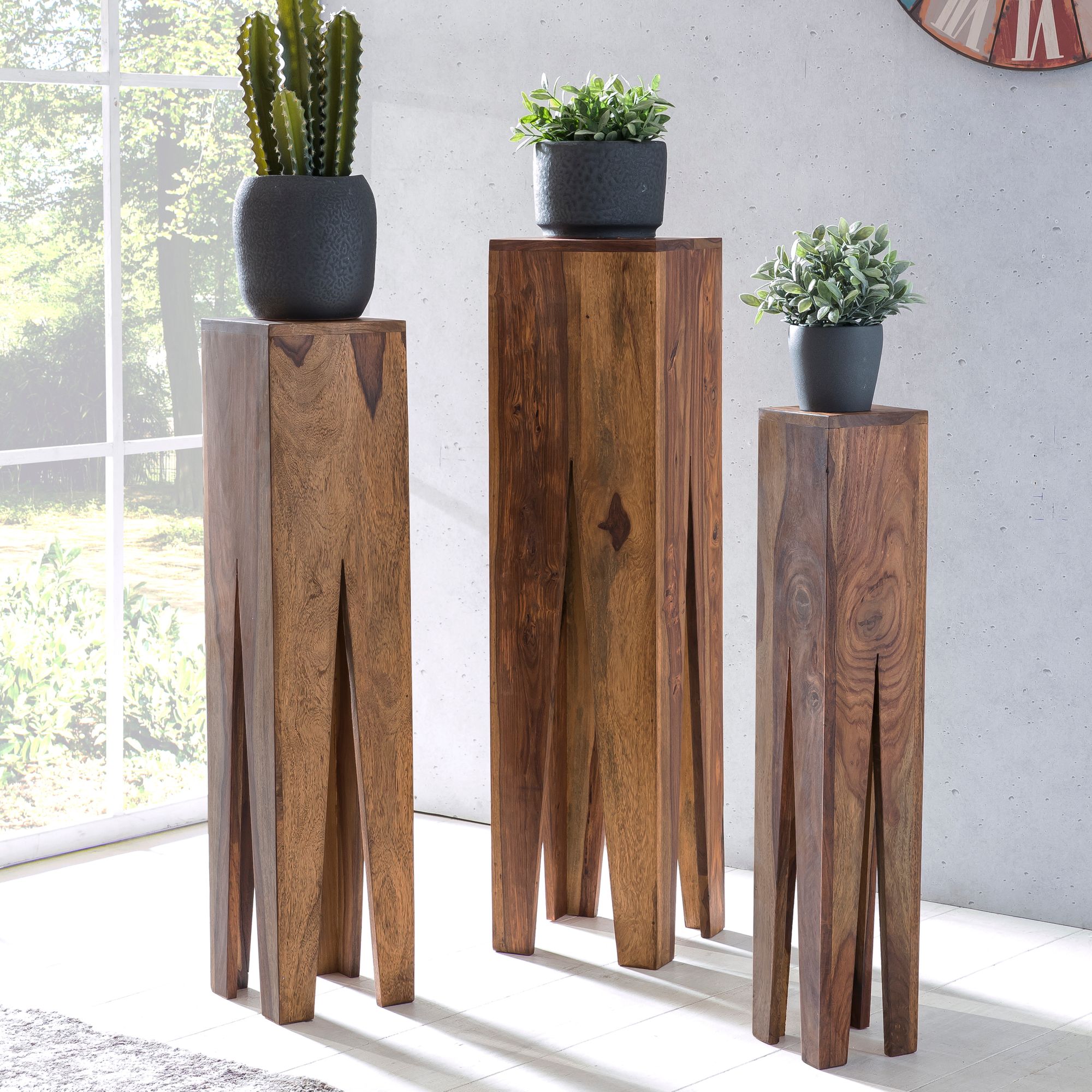 Beistelltisch 3er Set Sheesham Massivholz Satztisch Quadratisch Modern, Säulentisch Pflanzentisch 3-teilig, Blumenständer Blumentisch Wohnzimmer, Pflanzenhocker Blumenhocker Dekosäule