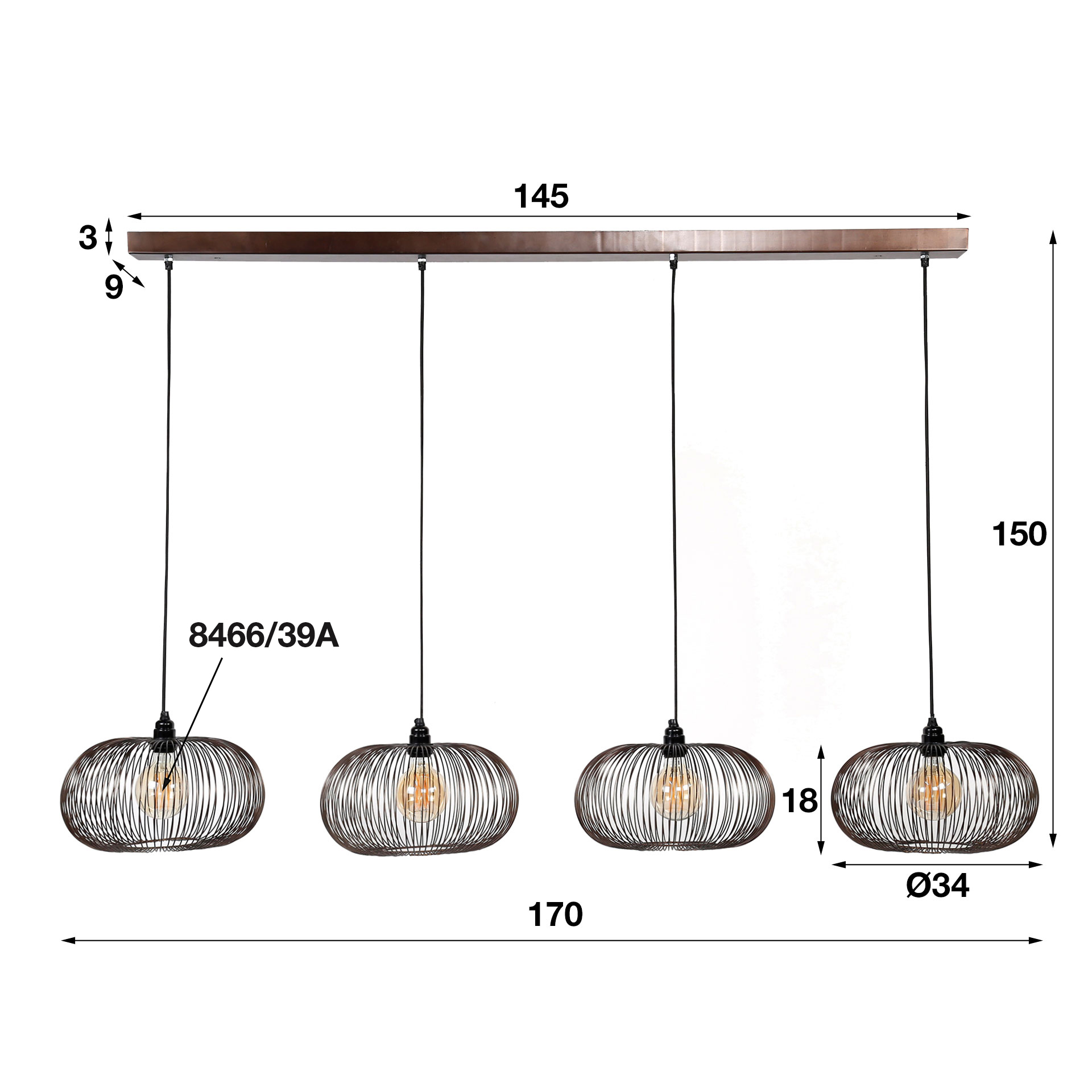 Design Hängelampe 4x flammig draht Kupfer Twist Schwarz Nickel, Industrial Style