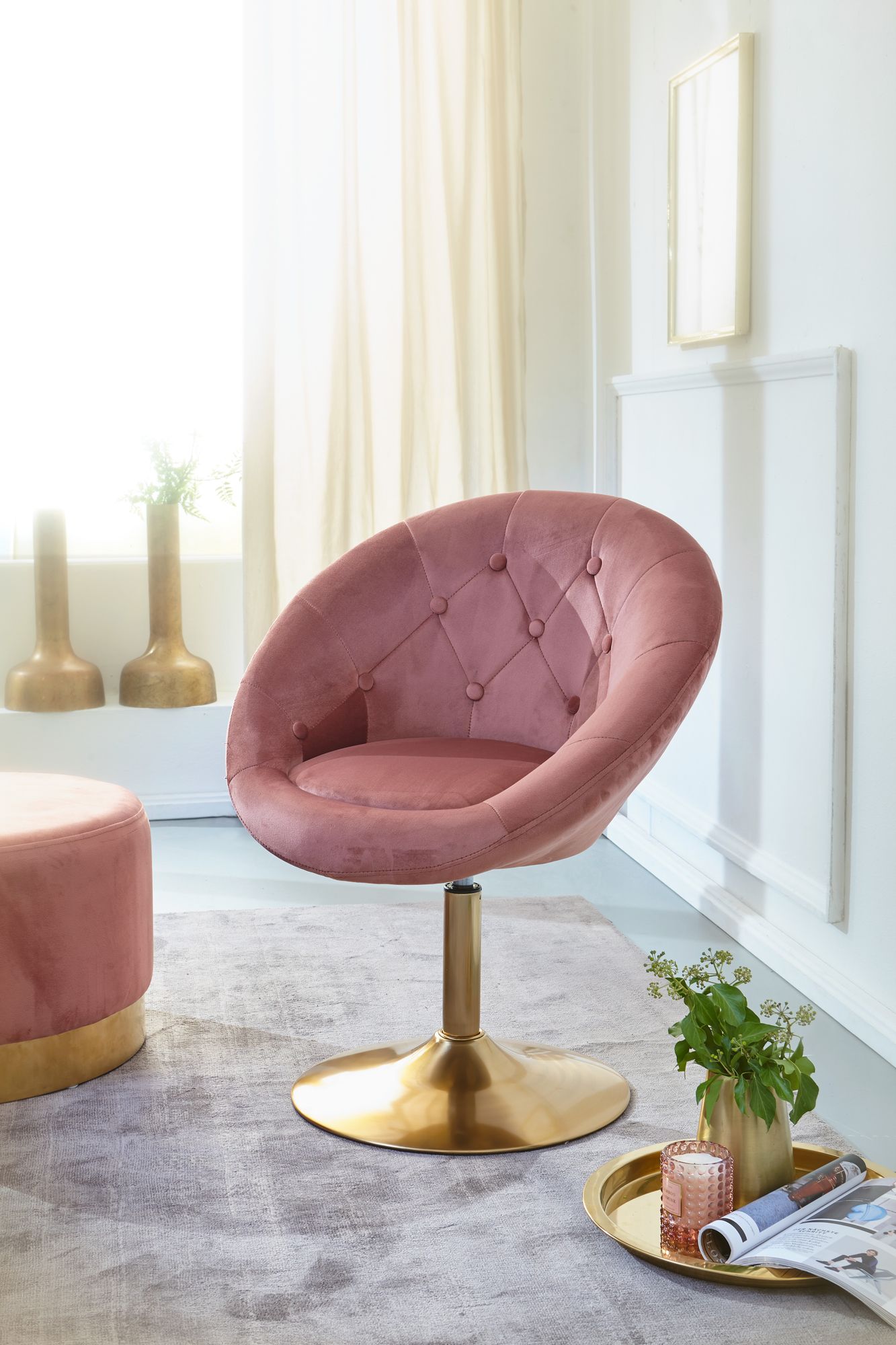 Loungesessel Samt Rosa / Gold Design Drehstuhl, Clubsessel Polsterstuhl mit Rückenlehne, Drehsessel Cocktailsessel Lounge, Sessel mit Stoffbezug
