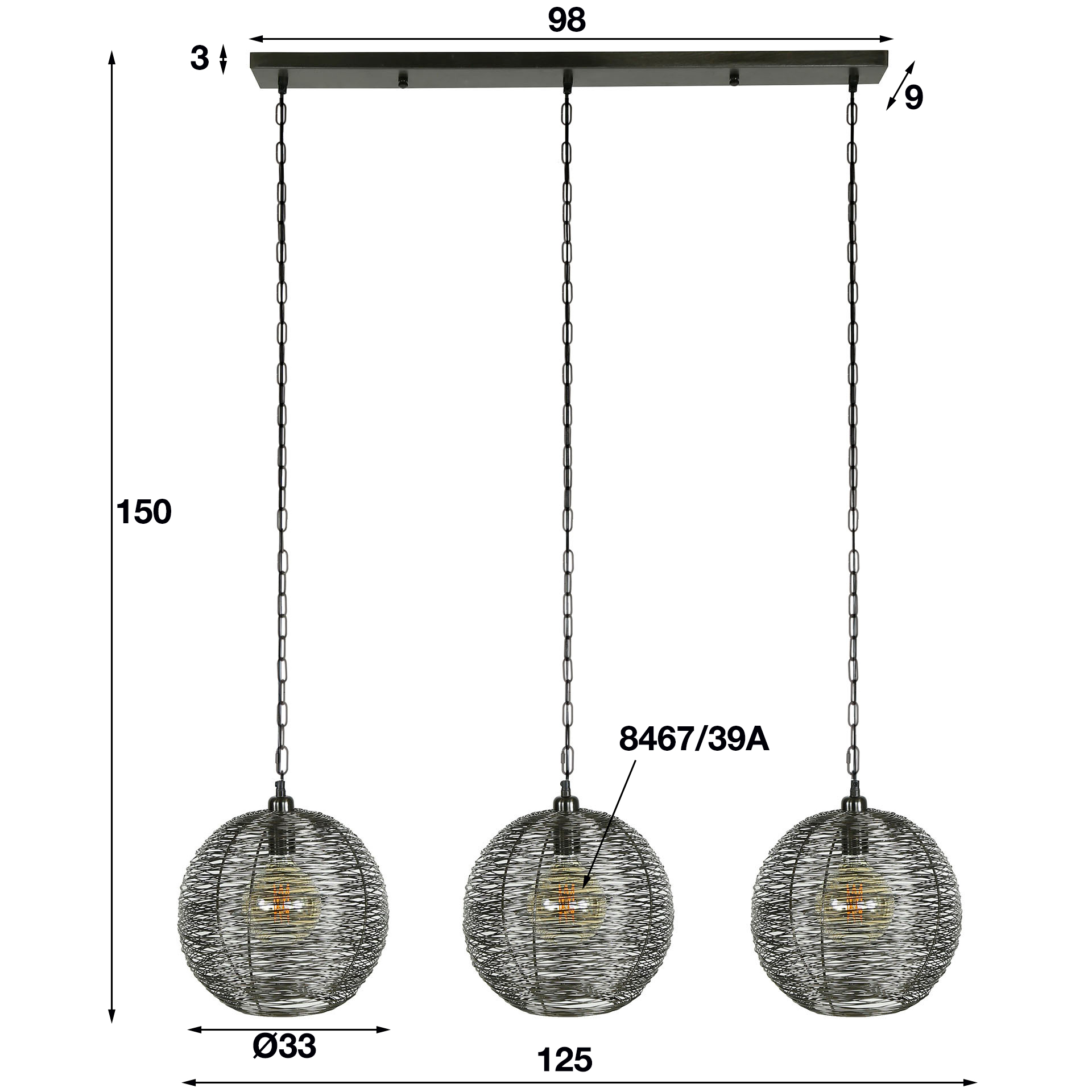 Home-Designs Hängelampe 3L WEB schwarz Nickel