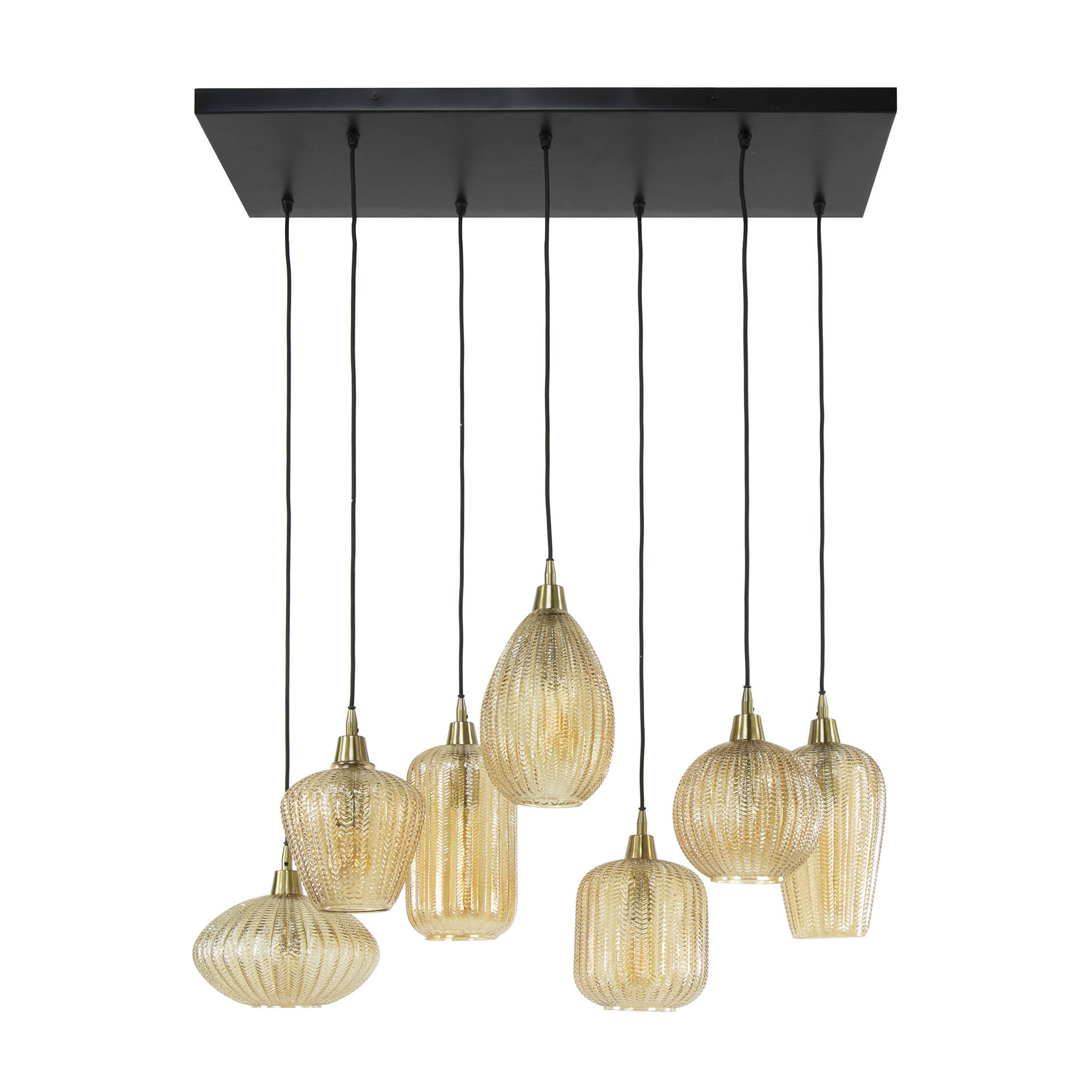 Hängelampe aus Bernsteinglas mit 7 Schirmen im V-Design – Ein stilvoller Blickfang
