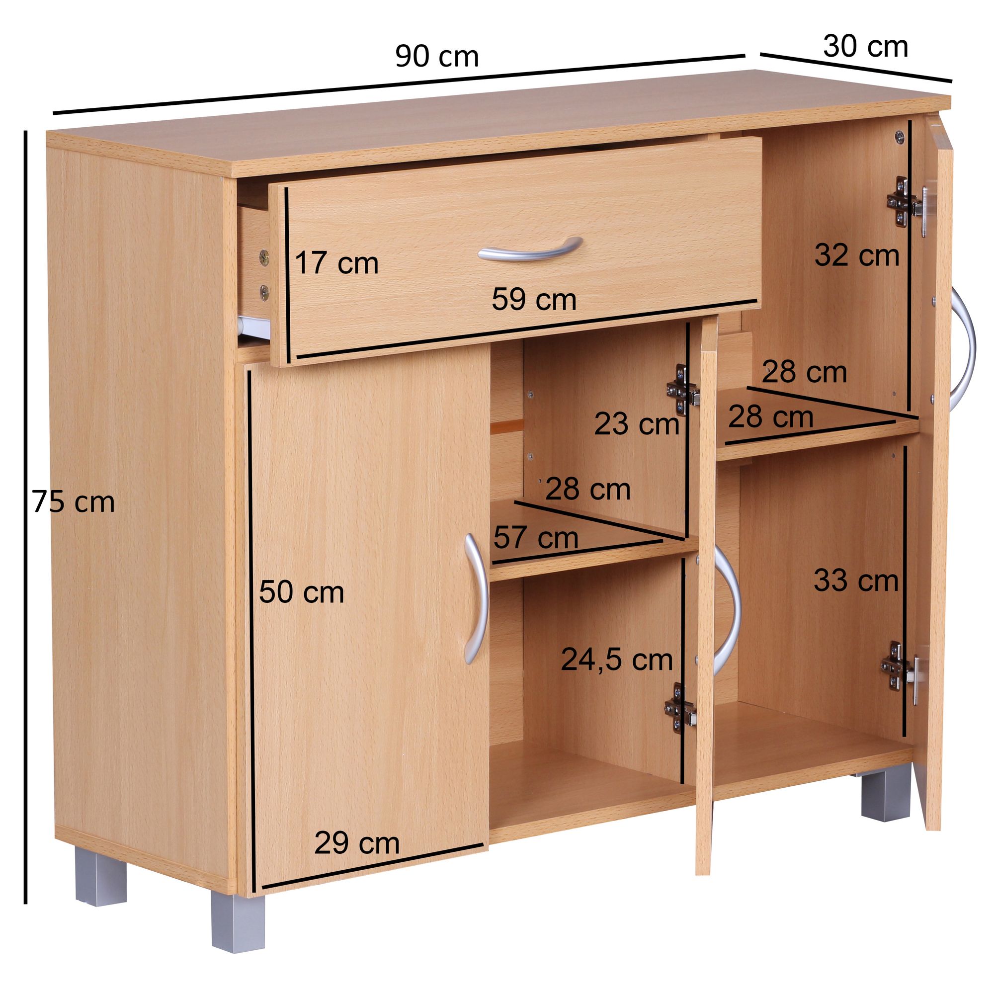 Sideboard SETE Buche mit 1 Schublade & 3 Türen 90 x 75 x 30 cm, Design Kommode aus Holz, Anrichte Flur-Schrank mit Griffen