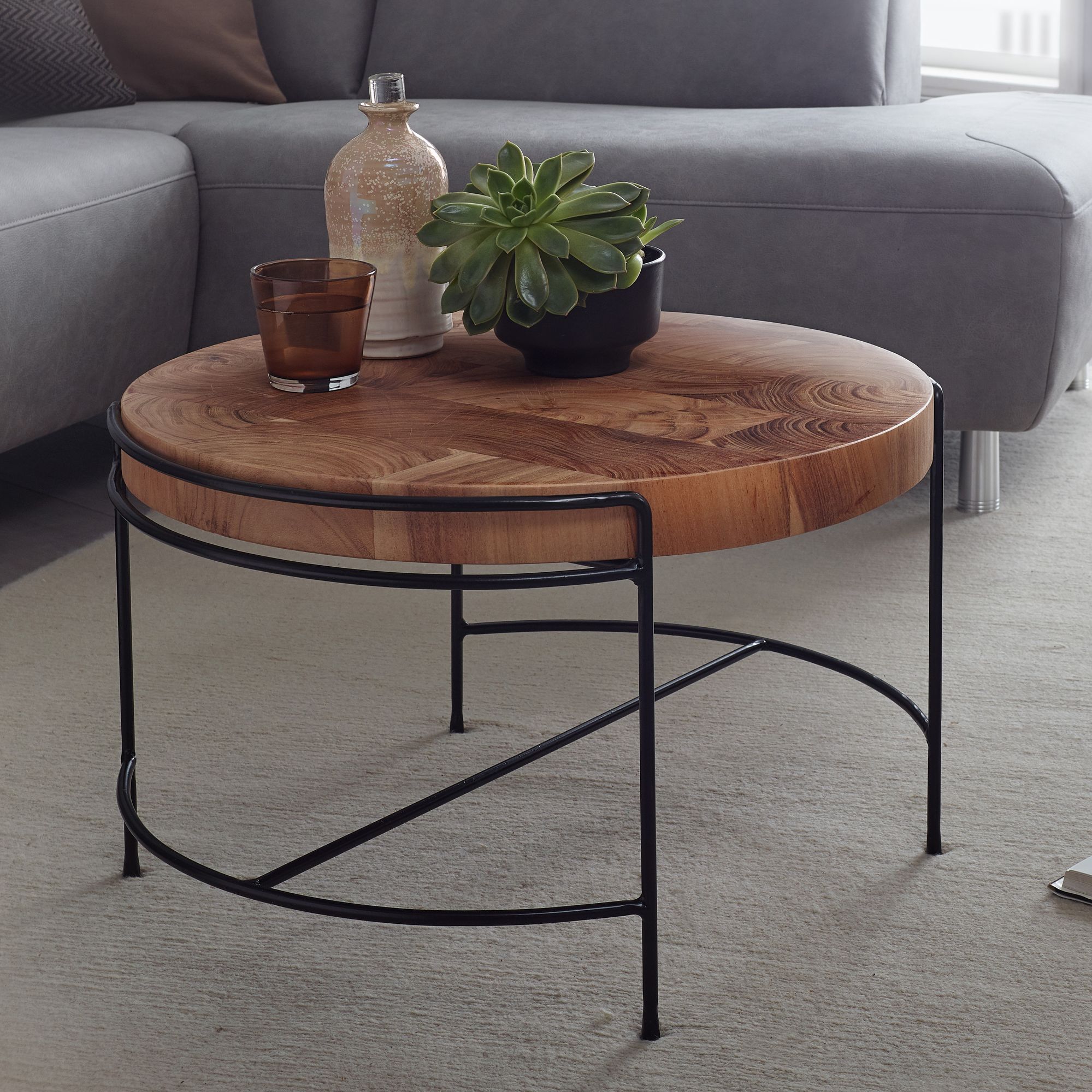 Couchtisch 62x40x62 cm Sofatisch Akazie Massivholz / Metall, Wohnzimmertisch Rund mit Metallbeinen, Kleiner Designer Tisch Massiv, Holztisch Wohnzimmer Industrial
