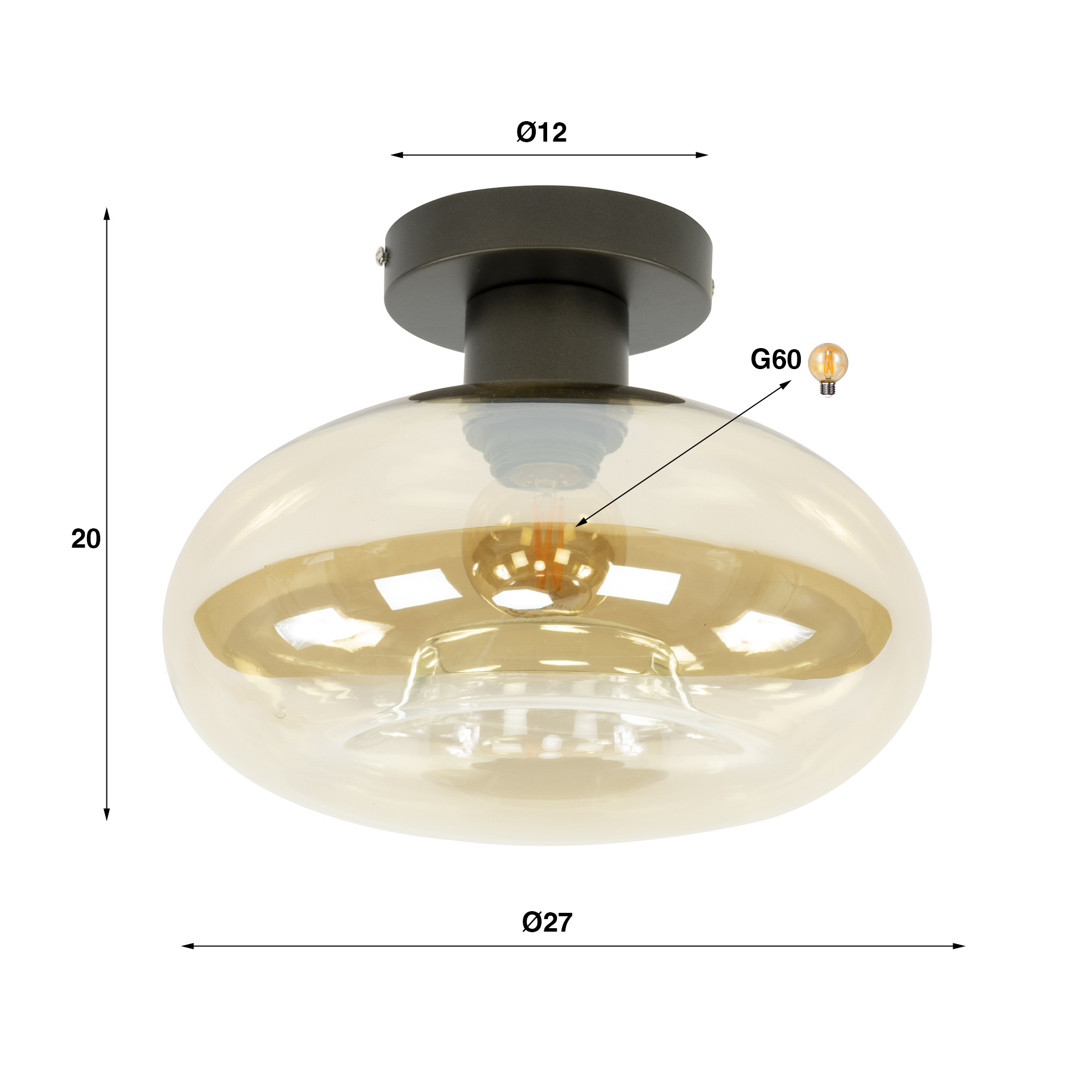 Home-Designs Deckenleuchte Soll 1F – 1-flammige Plafondlampe mit Amberglas