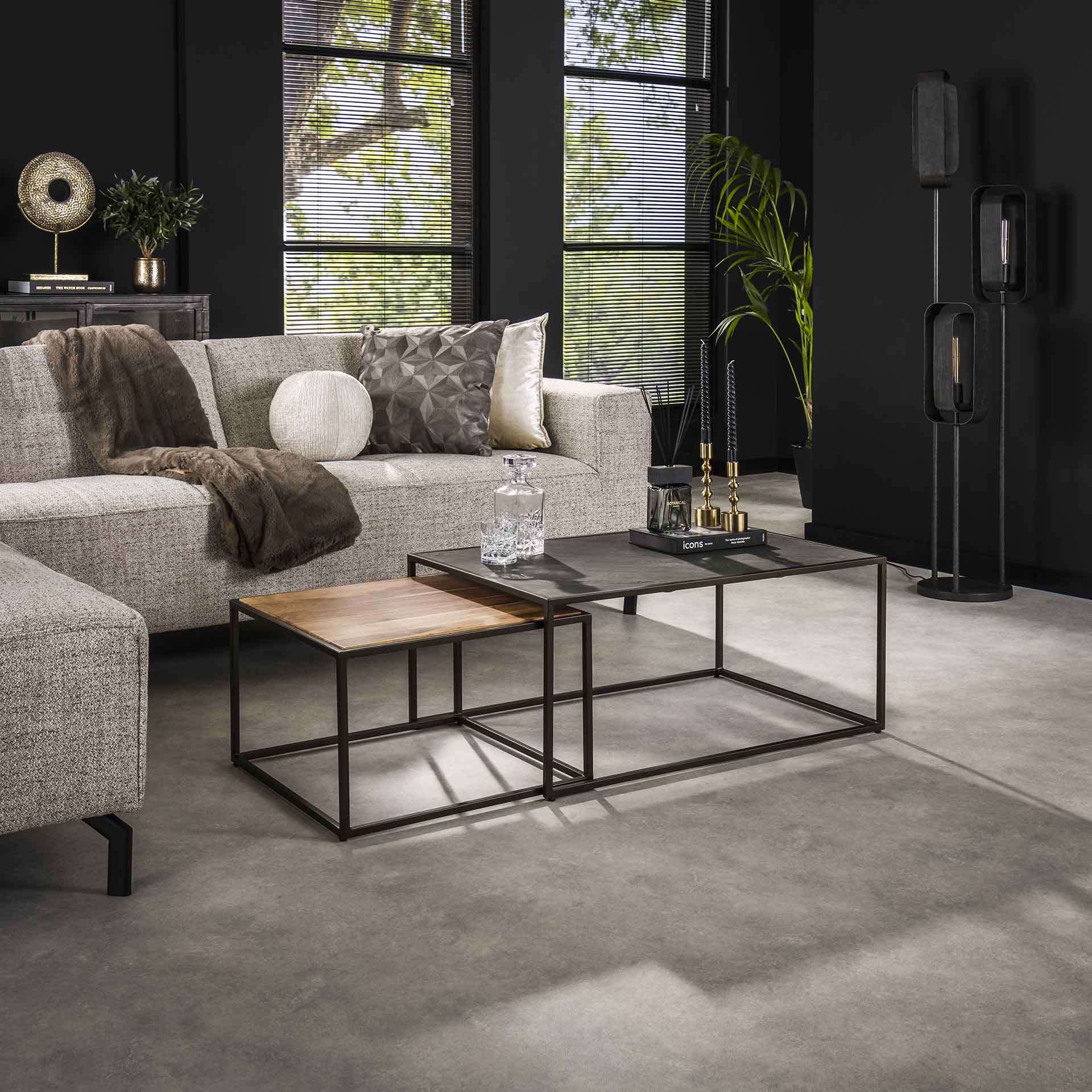 Slate Mix Couchtisch-Set aus Akazienholz, Schiefer und Metallgestell