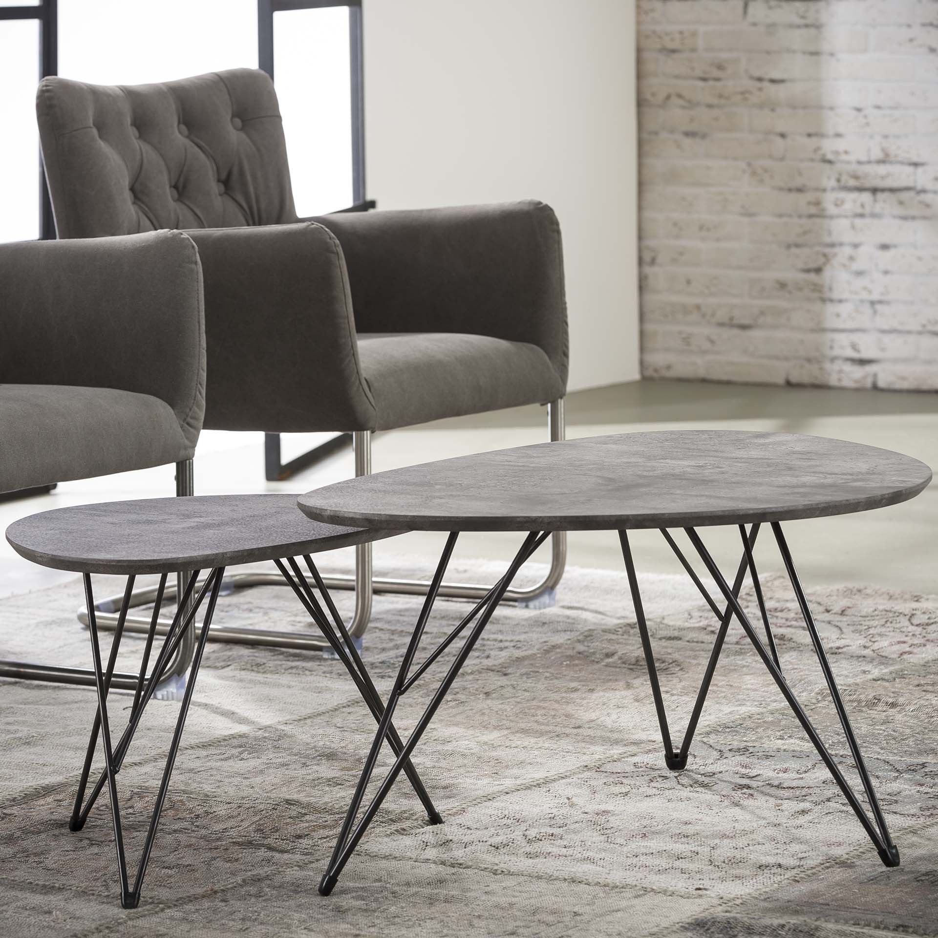 HOME-DESIGNS Couchtisch Betonoptik Nierenform Metallgestell 60 x 40 cm