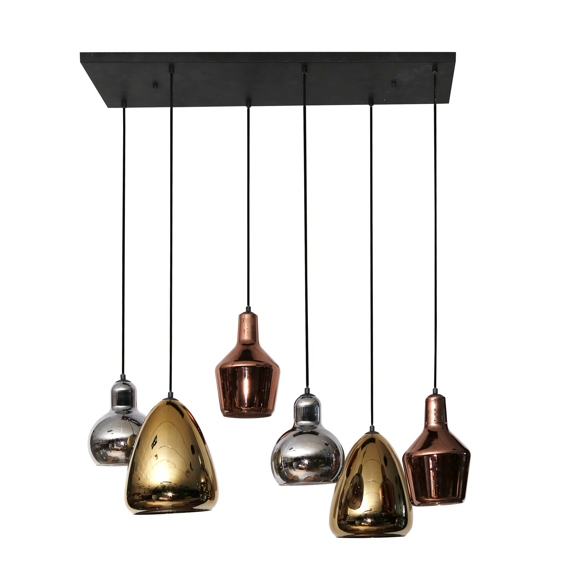 Hängelampe mit 6 Schirmen in Kupfer, Chrom und Gold – Modernes Design mit verspieltem Look