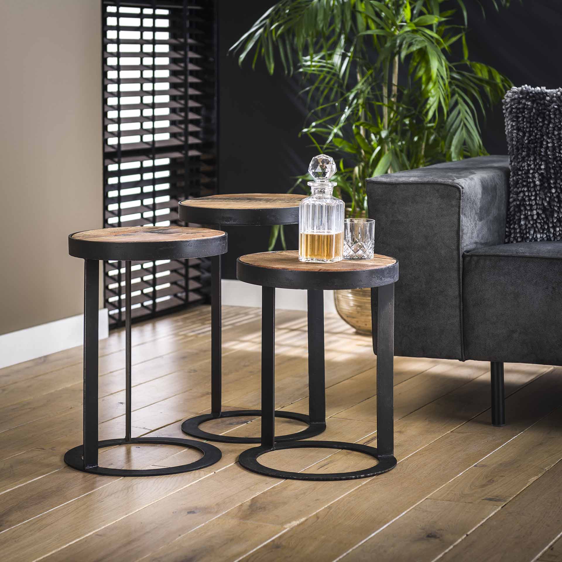 Beistelltisch FIO Industrial 3er-Set Holz Rund Robustes Hartholz