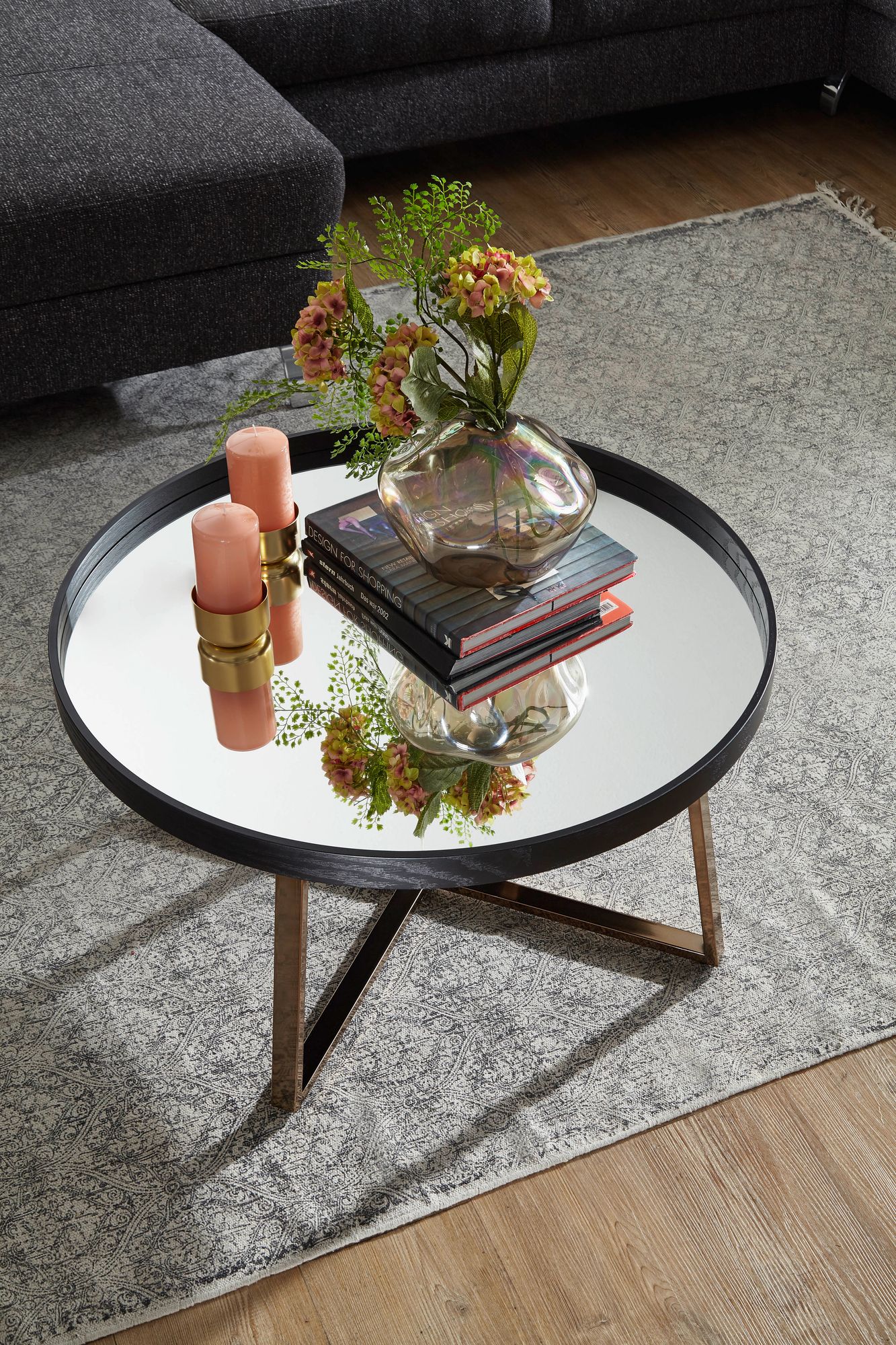 Design Couchtisch Rund Ø 78 cm Dunkel-Gold mit Spiegel Glasplatte, Wohnzimmertisch Schwarz Metall-Gestell, Großer Beistelltisch